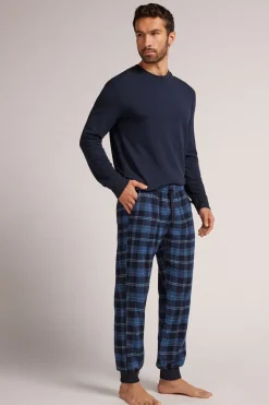 Brushed Cotton Canvas Trousers with Light and Dark Blue Checked Print