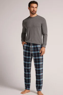 Brushed Cotton Canvas Trousers with Pale Blue and Black Checked Print