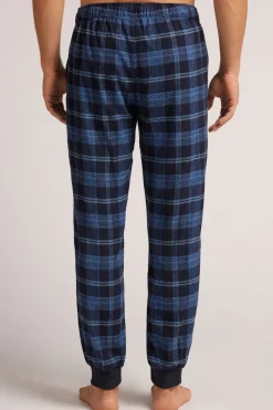 Brushed Cotton Canvas Trousers with Light and Dark Blue Checked Print