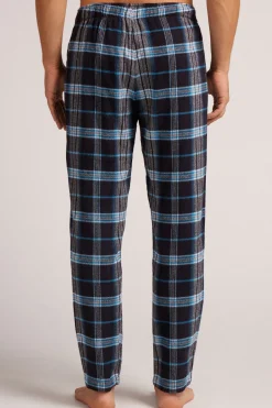 Brushed Cotton Canvas Trousers with Pale Blue and Black Checked Print