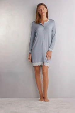 Button-Front Nightdress with Lace Detail
