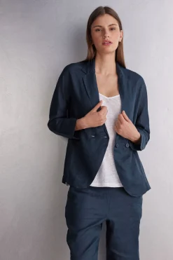 Double-Breasted Plain-Weave Linen Blazer