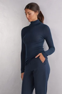 Long-sleeve High-Neck Tubular Top in Wool and Silk