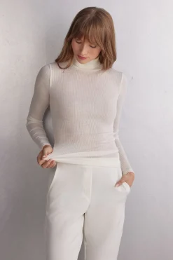 Long-sleeve High-Neck Tubular Top in Wool and Silk