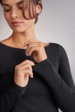 Long-Sleeved Boat-Neck Micromodal Top